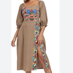 Embroidered Mexican Folk Art Dress Square Neck Puff Sleeve Midi Sz Large unique